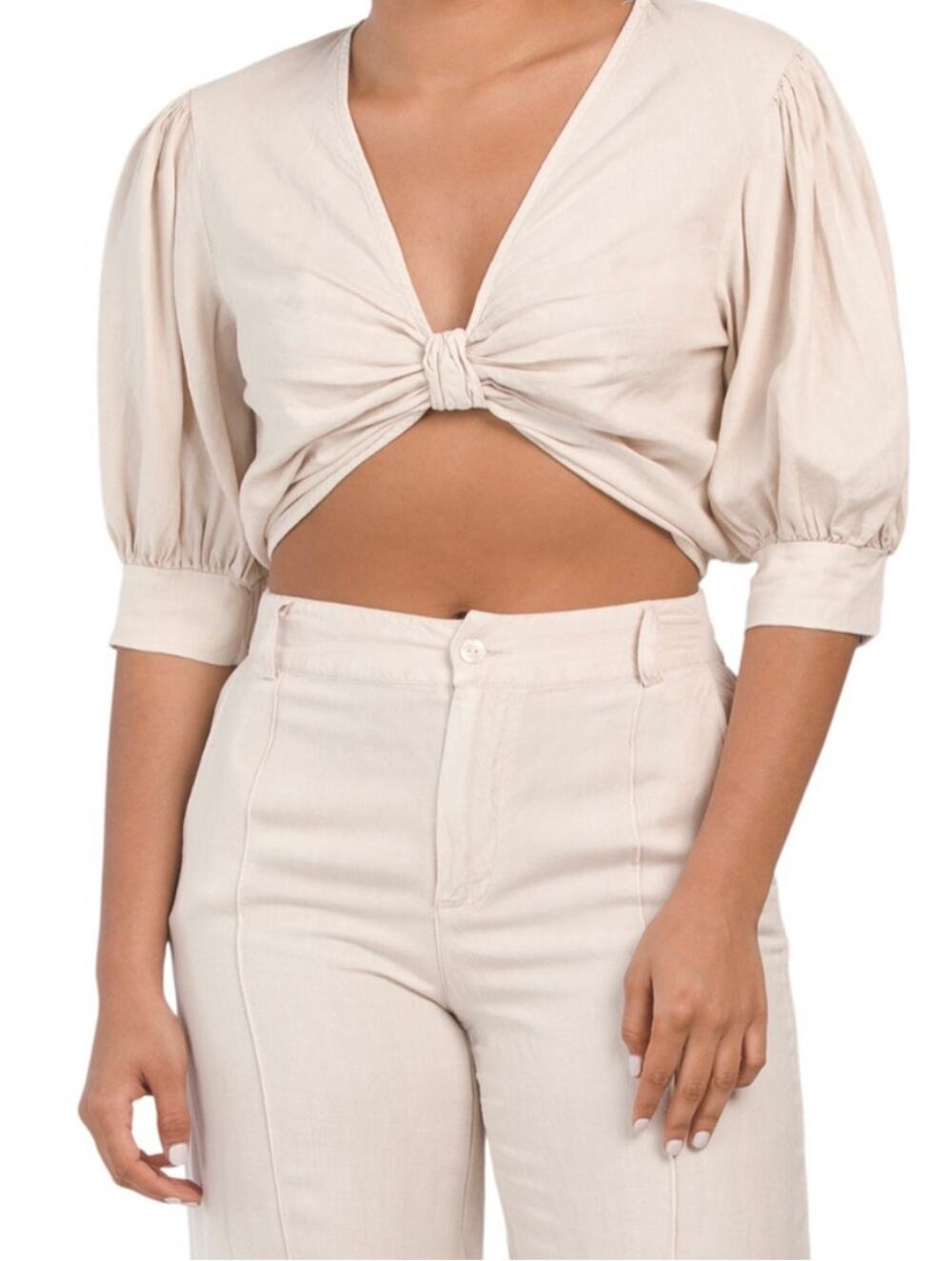 YFB Young Fabulous Broke Linen Cropped Knot Front Miranda Top Oatmeal XS